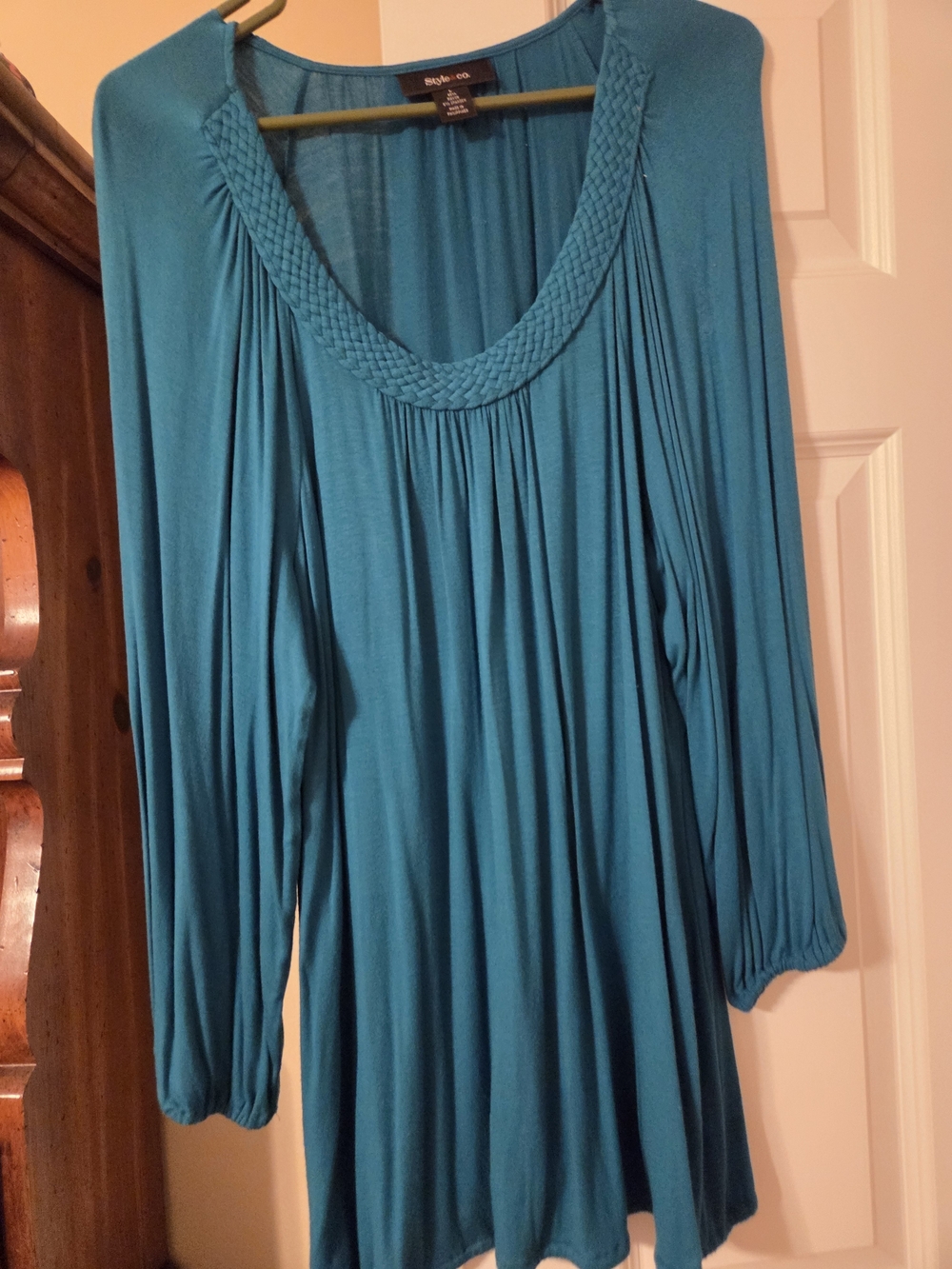 Style & Co. Teal Braided-Neck Long-Sleeve Tunic Large NWOT